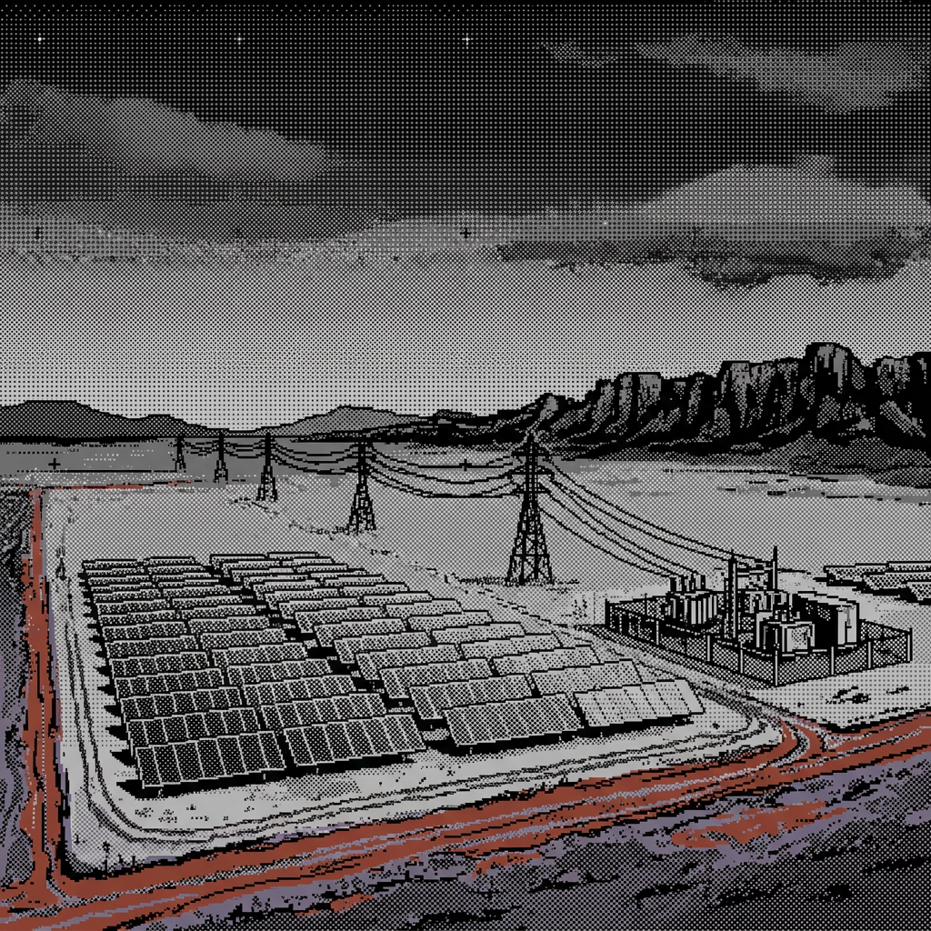 Dithered illustration of a ground-mounted solar field, a pylon line and a substation under a dark sky